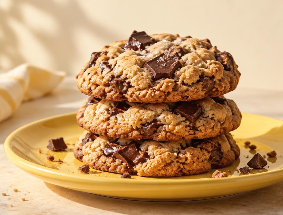 A stack of three thick chocolate chunk cookies
